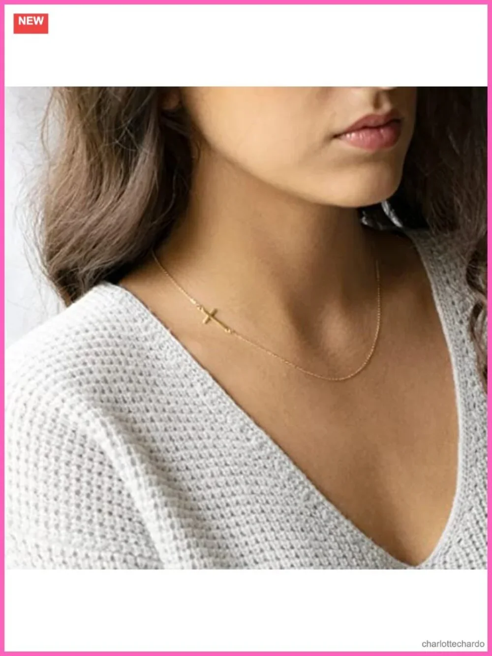 18K Gold Plated Cross Pendant Necklace Women Sideways Dainty Adjustable